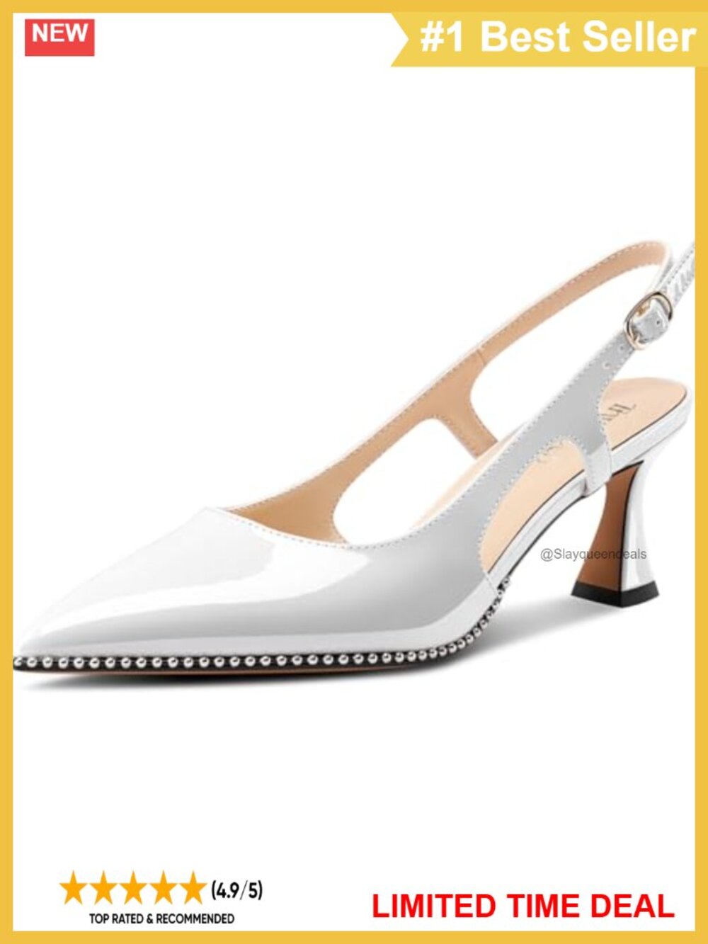 Kitten Heel Pointed Toe Pumps Beaded Slingback Patent Leather Dress Heels